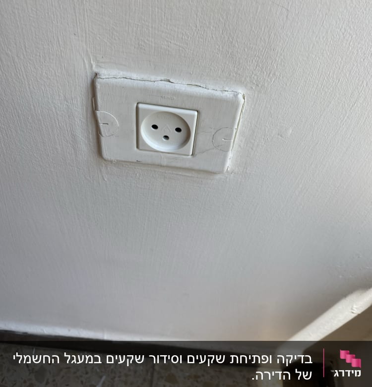שקע חשמלי בקיר לבן עם רצפת אריחים